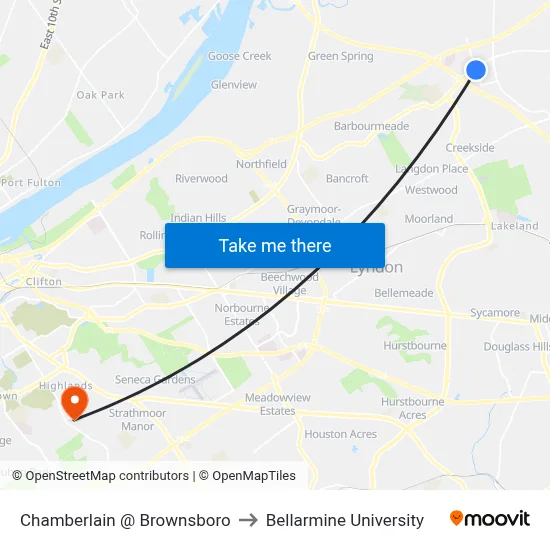Chamberlain @ Brownsboro to Bellarmine University map