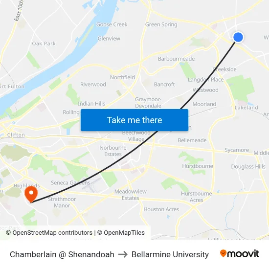 Chamberlain @ Shenandoah to Bellarmine University map