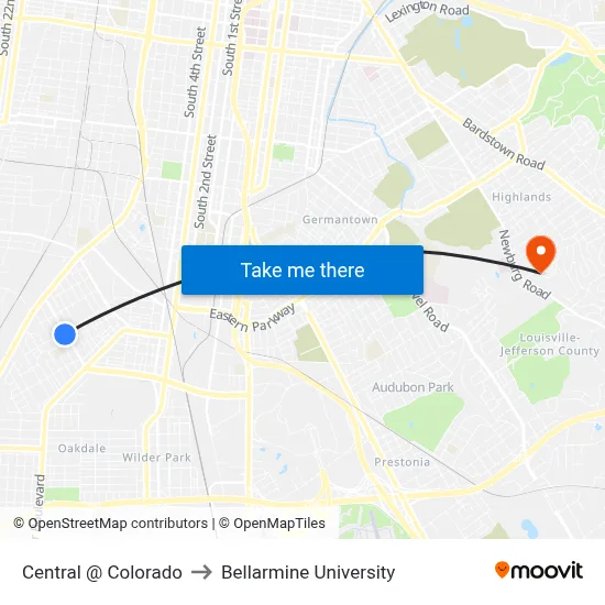 Central @ Colorado to Bellarmine University map