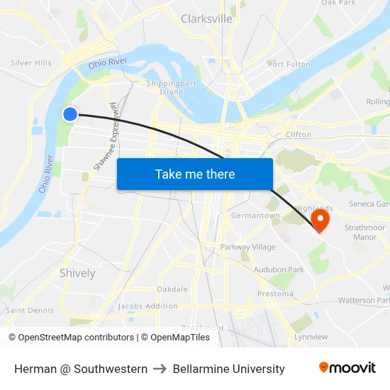 Herman @ Southwestern to Bellarmine University map