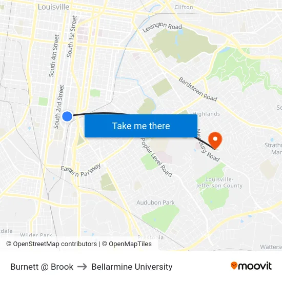 Burnett @ Brook to Bellarmine University map