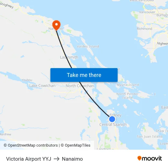 Victoria Airport YYJ to Nanaimo map