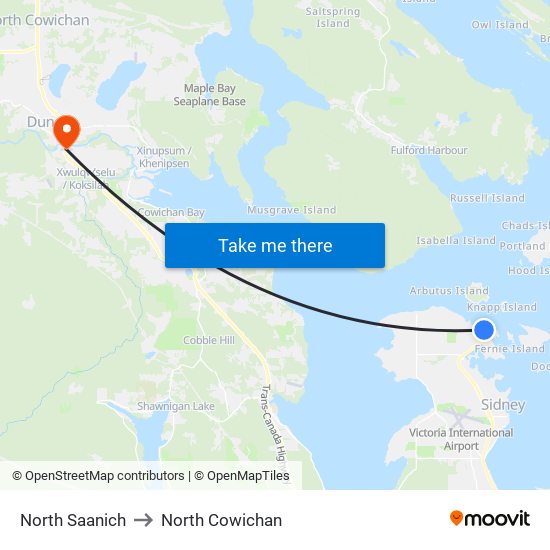 North Saanich to North Cowichan map