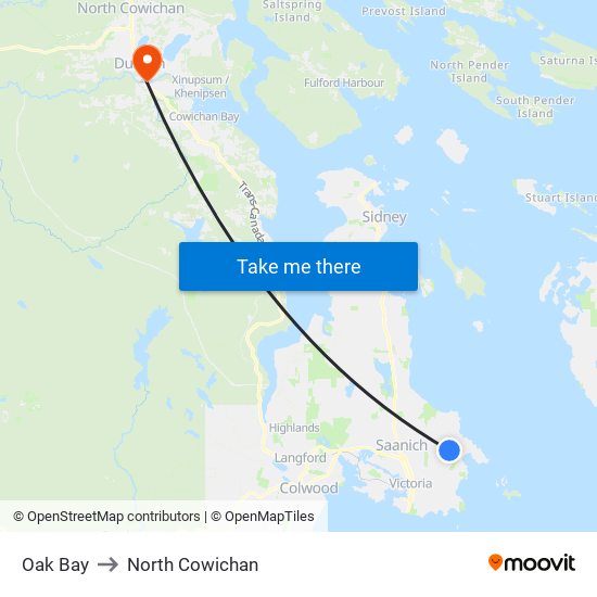 Oak Bay to North Cowichan map