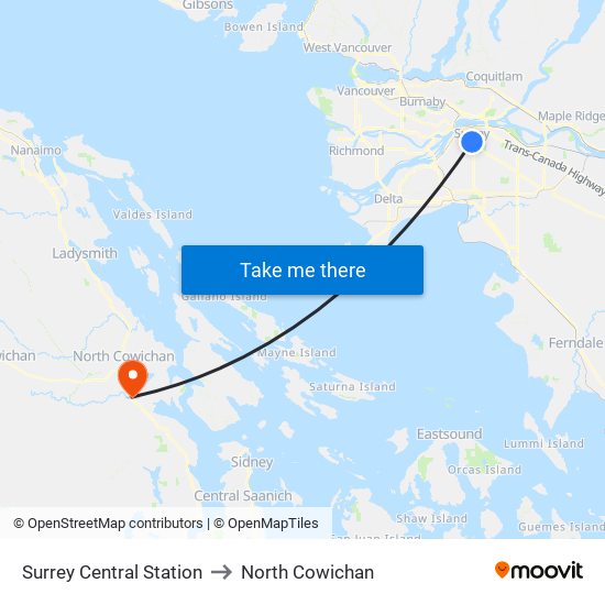 Surrey Central Station to North Cowichan map