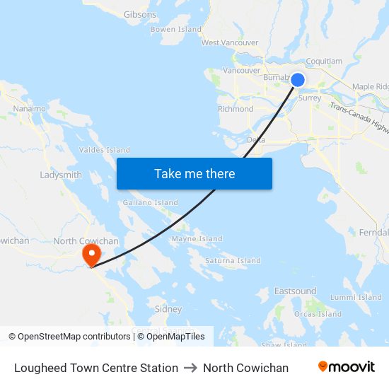 Lougheed Town Centre Station to North Cowichan map