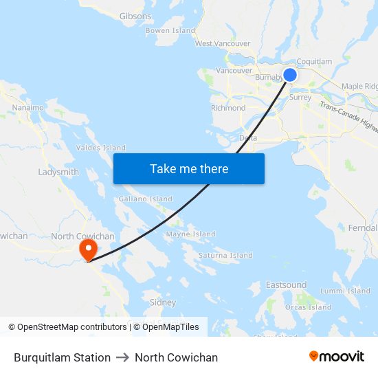 Burquitlam Station to North Cowichan map