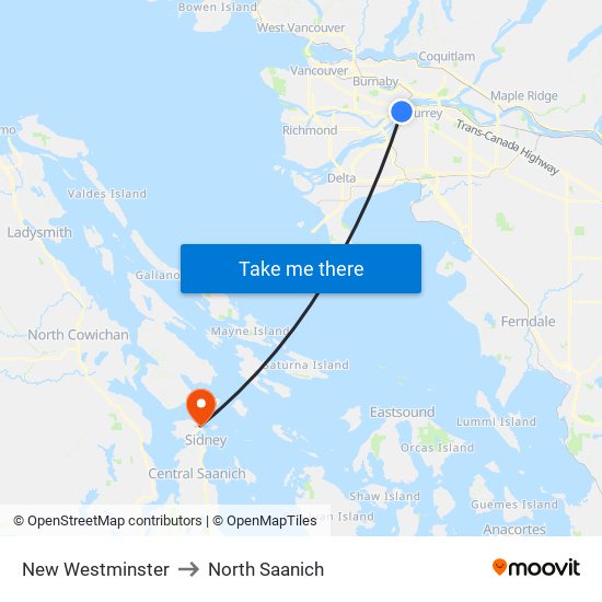 New Westminster to North Saanich map