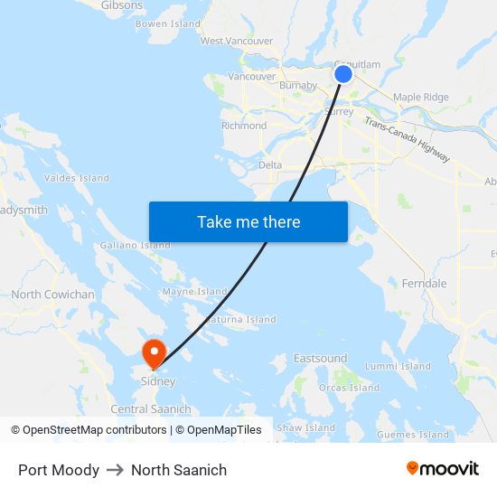 Port Moody to North Saanich map