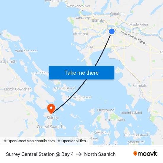 Surrey Central Station @ Bay 4 to North Saanich map