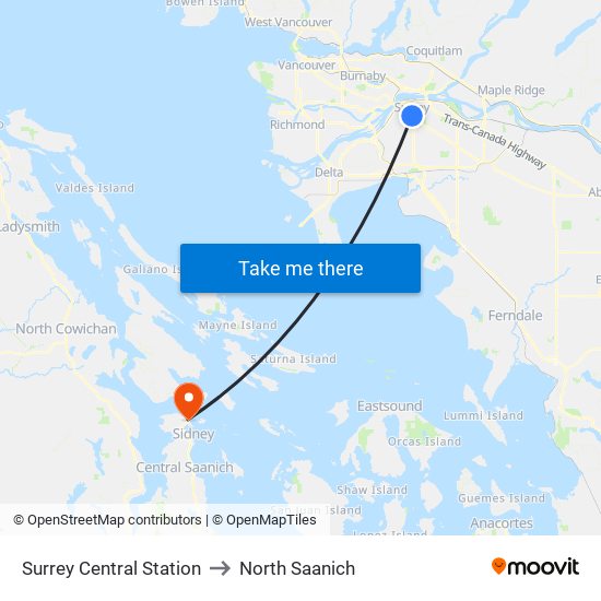 Surrey Central Station to North Saanich map