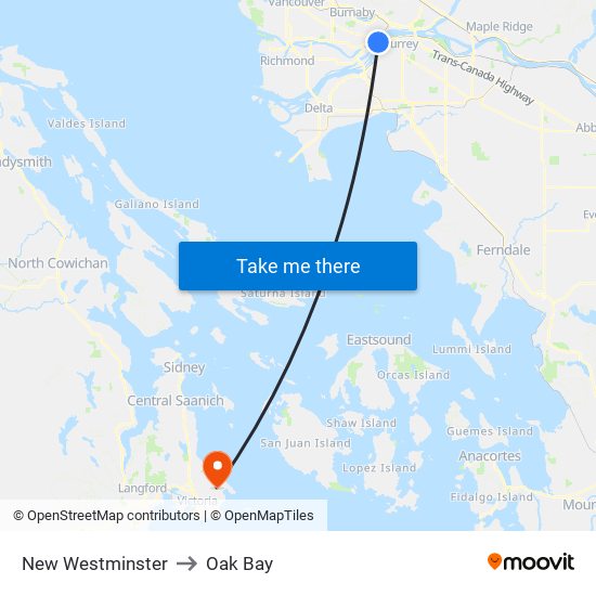 New Westminster to Oak Bay map