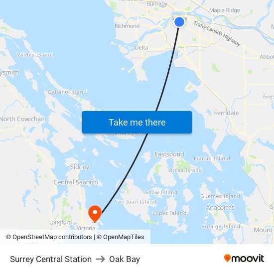 Surrey Central Station to Oak Bay map