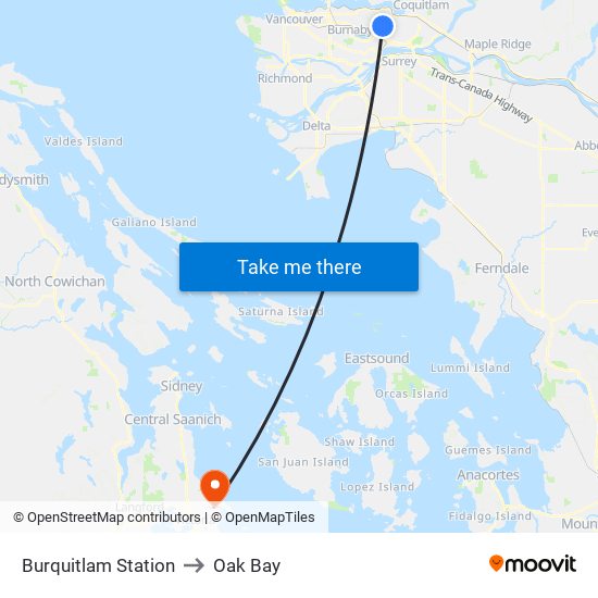 Burquitlam Station to Oak Bay map