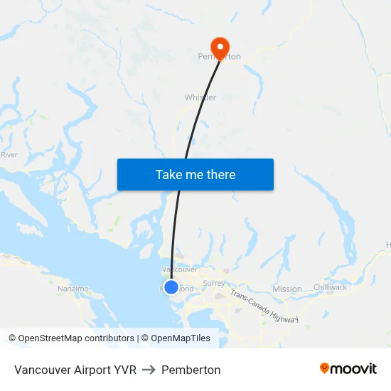 Vancouver Airport YVR to Pemberton map