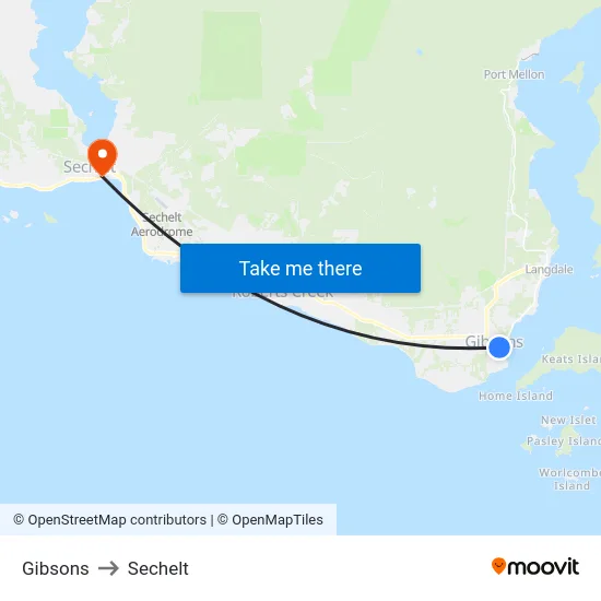 Gibsons to Sechelt map