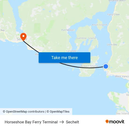 Horseshoe Bay Ferry Terminal to Sechelt map