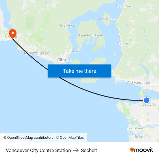 Vancouver City Centre Station to Sechelt map