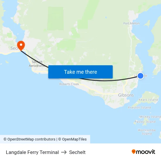 Langdale Ferry Terminal to Sechelt map