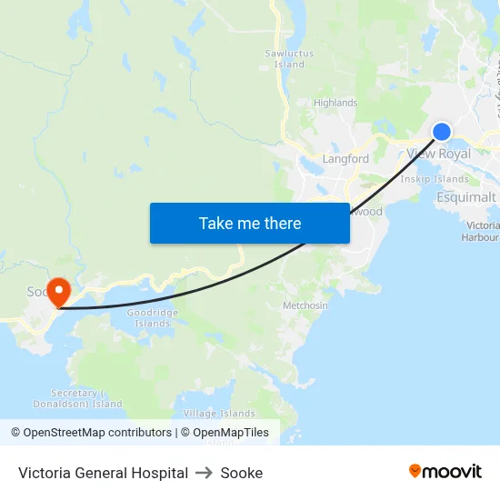Victoria General Hospital to Sooke map