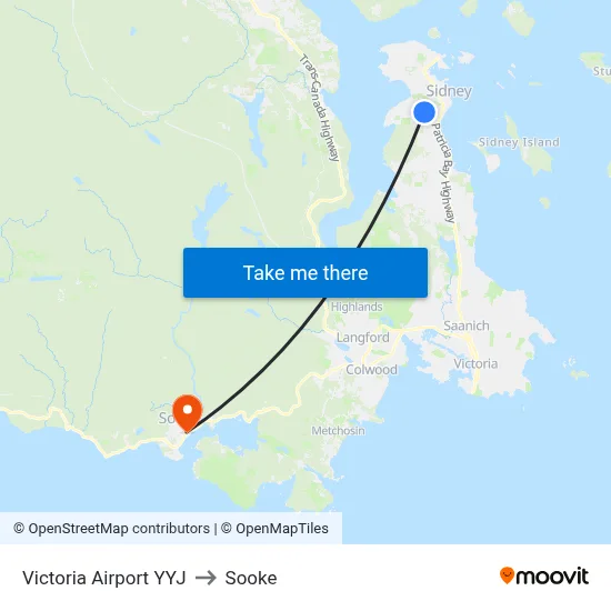 Victoria Airport YYJ to Sooke map