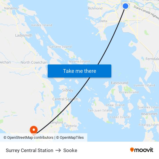 Surrey Central Station to Sooke map