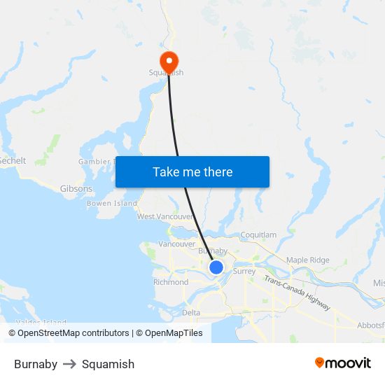 Burnaby to Squamish map