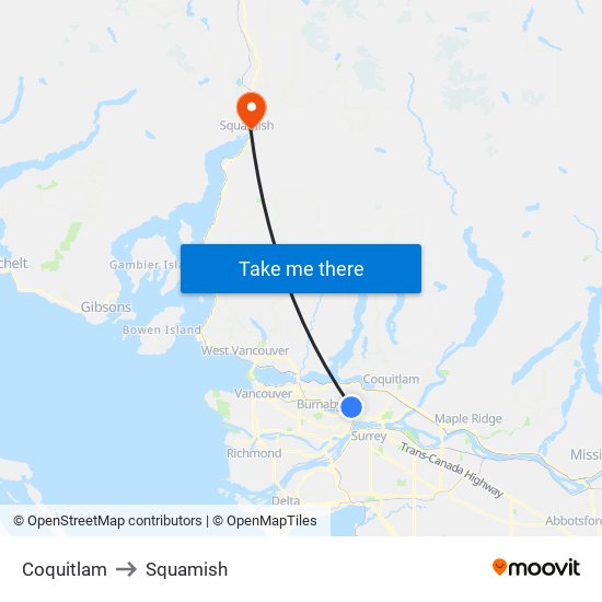 Coquitlam to Squamish map