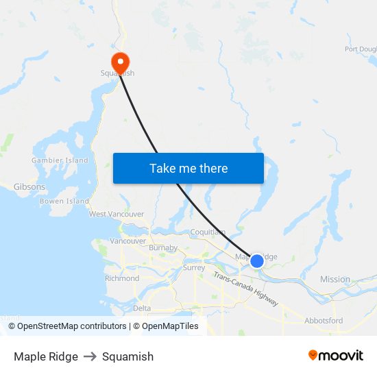 Maple Ridge to Squamish map