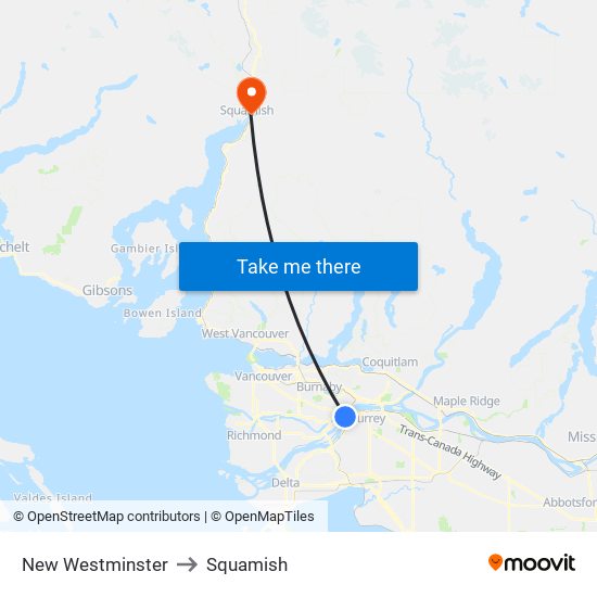 New Westminster to Squamish map