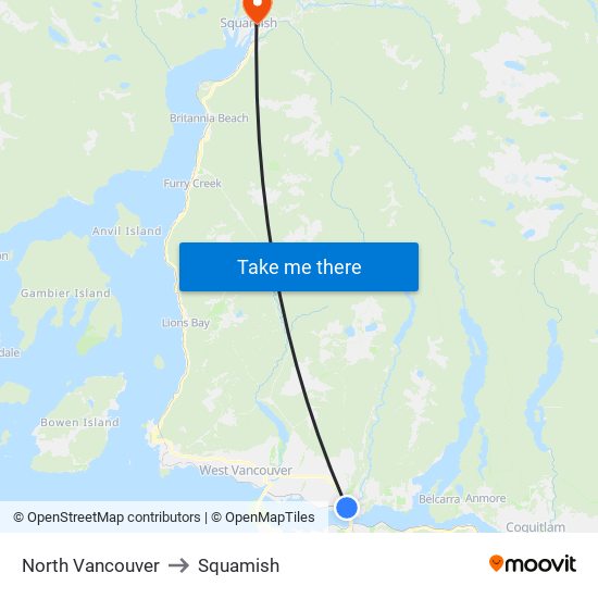 North Vancouver to Squamish map