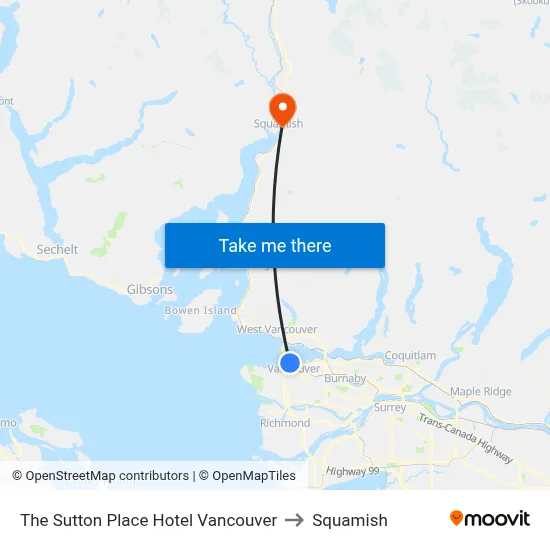 The Sutton Place Hotel Vancouver to Squamish map
