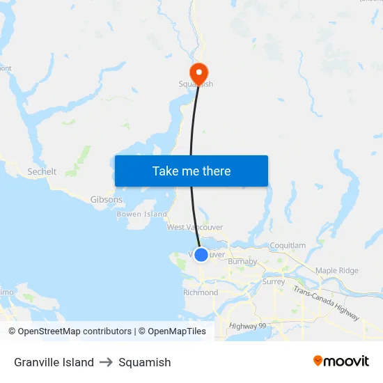 Granville Island to Squamish map
