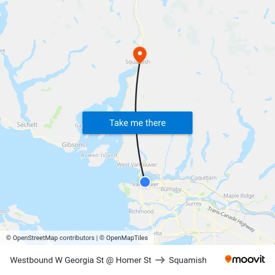 Westbound W Georgia St @ Homer St to Squamish map