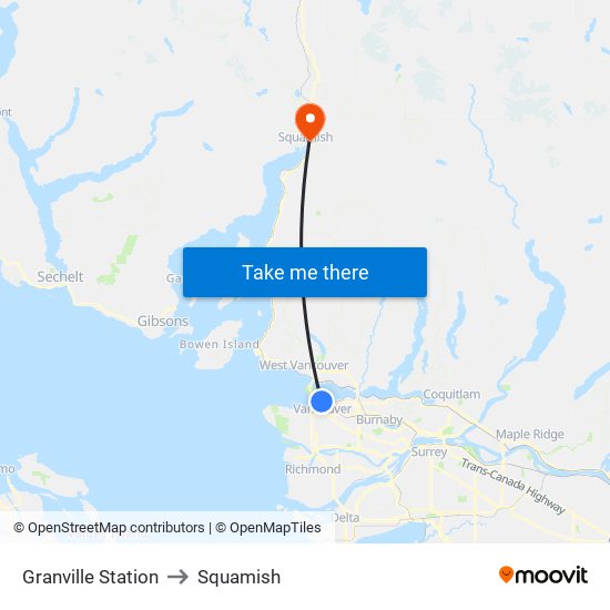 Granville Station to Squamish map