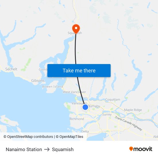 Nanaimo Station to Squamish map