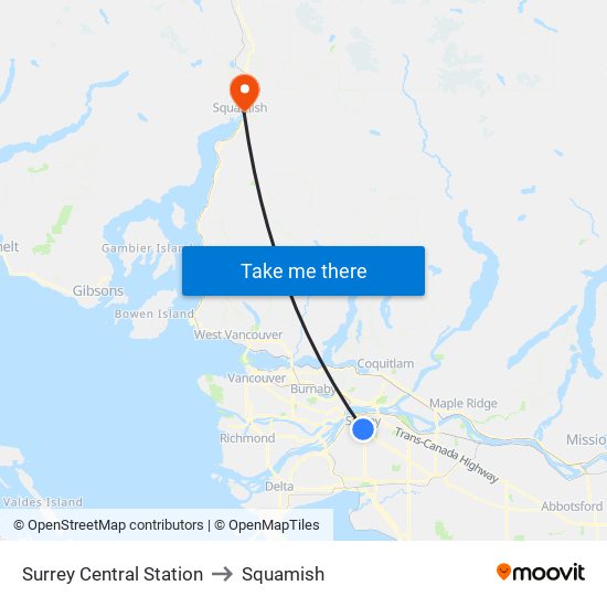 Surrey Central Station to Squamish map