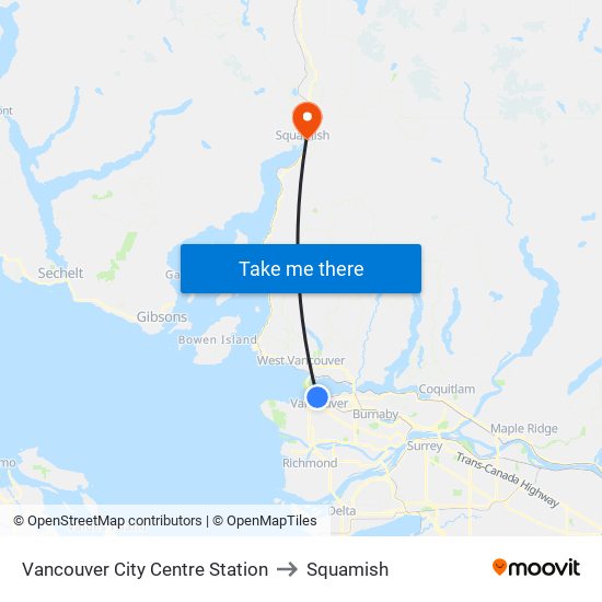 Vancouver City Centre Station to Squamish map
