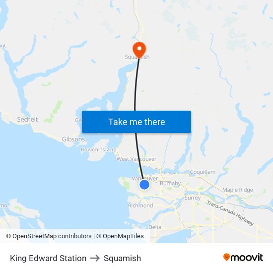 King Edward Station to Squamish map