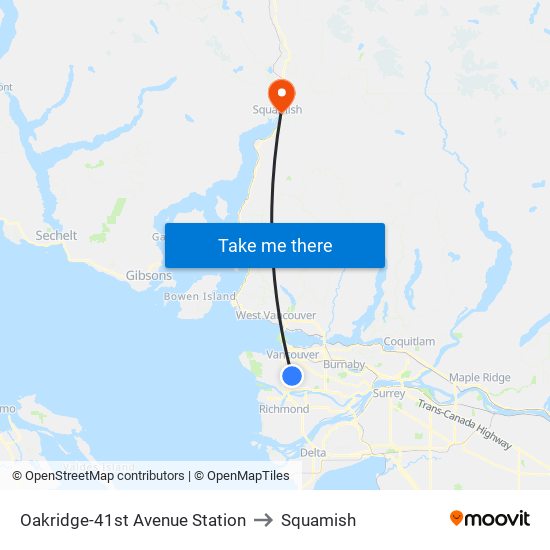 Oakridge-41st Avenue Station to Squamish map
