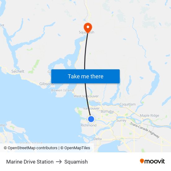 Marine Drive Station to Squamish map