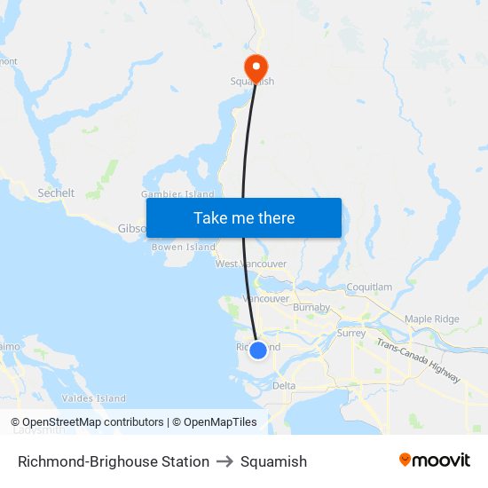 Richmond-Brighouse Station to Squamish map