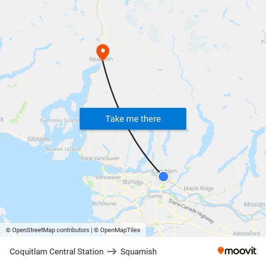 Coquitlam Central Station to Squamish map
