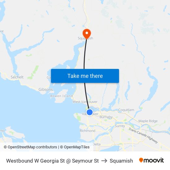 Westbound W Georgia St @ Seymour St to Squamish map