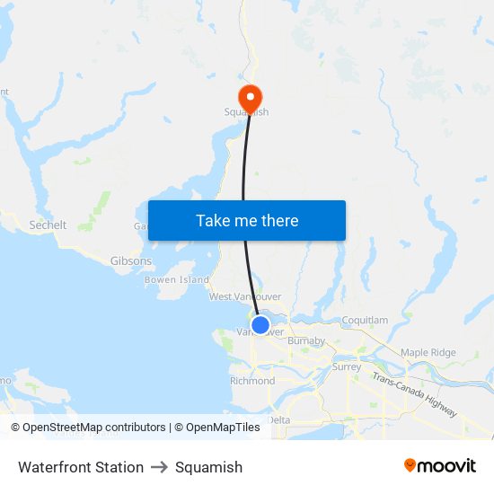 Waterfront Station to Squamish map