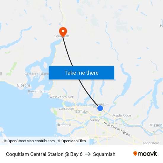 Coquitlam Central Station @ Bay 6 to Squamish map