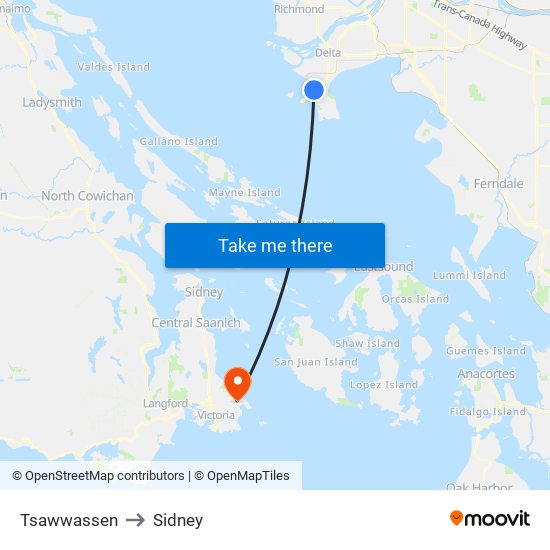 Tsawwassen to Sidney map