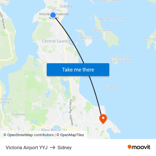 Victoria Airport YYJ to Sidney map