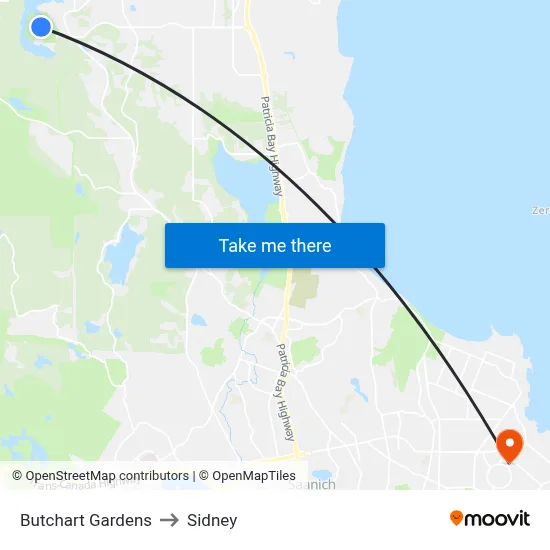 Butchart Gardens to Sidney map