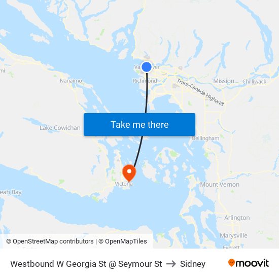 Westbound W Georgia St @ Seymour St to Sidney map